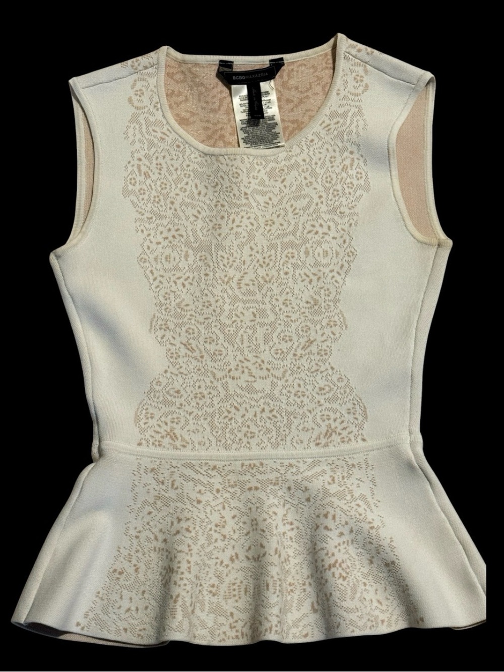 BCBGMaxAzria Cream Lace-Panel Peplum Top